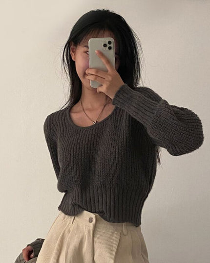 Square-neck Cinched Slimming Pure Color All-matching Fashionable Sweater Women