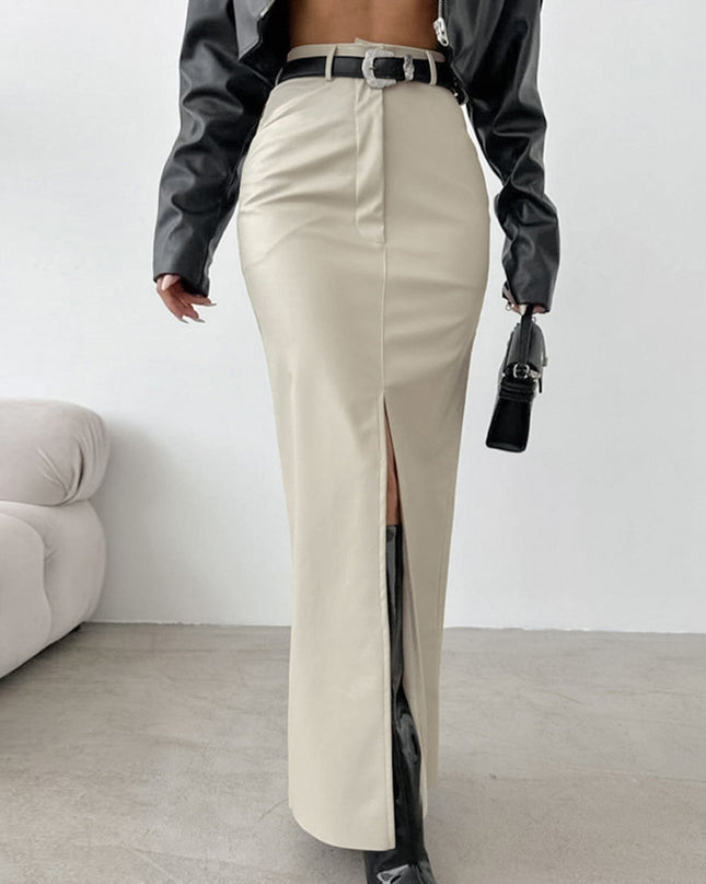 French Style Khaki PU Leather Skirt Women's Simple Split High Waist Straight Dress