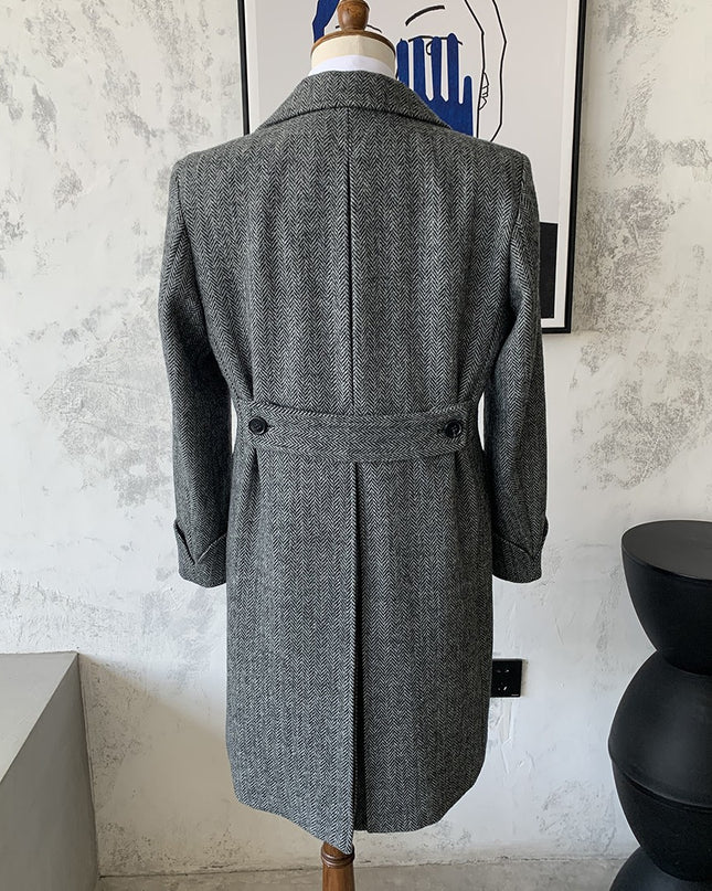 Polo Double Breasted Slim Vintage Tweed Men's Long English Wool Lapel Herringbone Coat