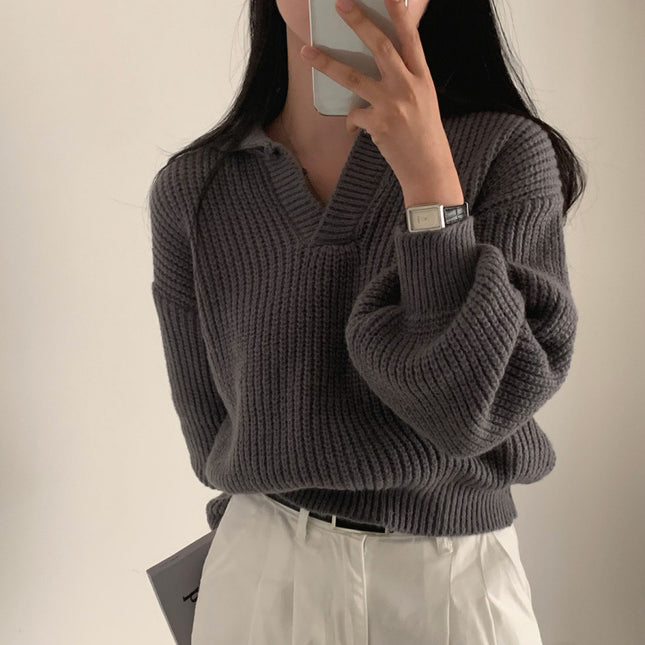 Women's V-neck Lapel Long-sleeved Sweater Slim Fit Slimming Sweater