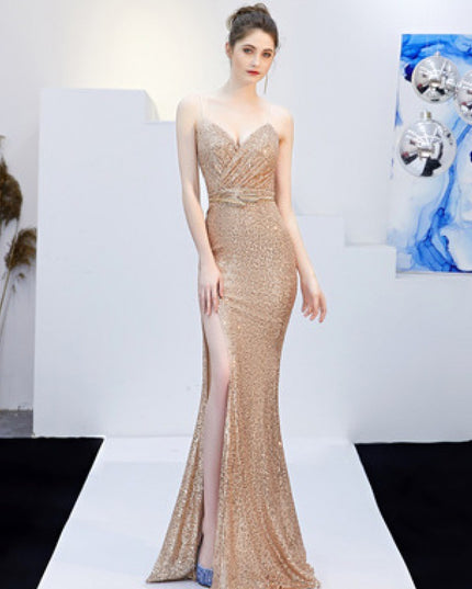 New Banquet Elegant Annual Meeting Long Host Deep V Sexy Fishtail Sequined Dress