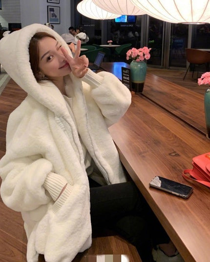 Women's Rex Rabbit Fur Hooded Loose Overcoat Jacket