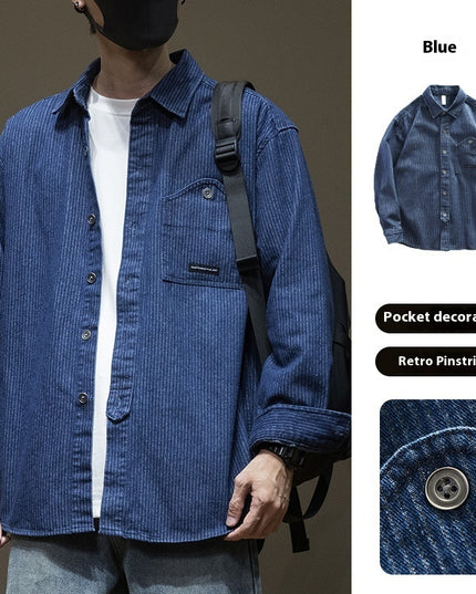 Japanese Style Stripe Denim Men's Long Sleeve Shirt