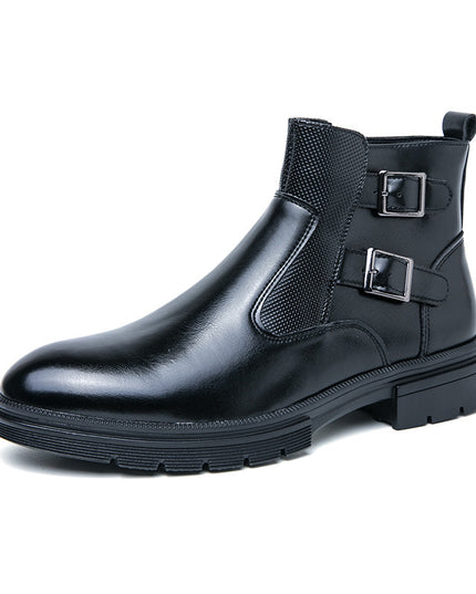 High-top British Double Buckle Slip-on Leather Boots 2023 Autumn And Winter