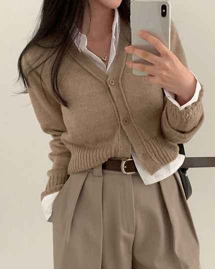 Simple All-match V-neck Single Breasted Sweater Coat