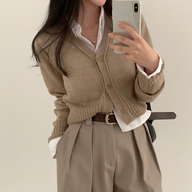 Simple All-match V-neck Single Breasted Sweater Coat