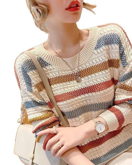 Loose Short Hollow Color Striped Sweater