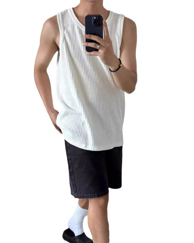 Casual Loose Sunken Stripe Sleeveless T-shirt Solid Color Top