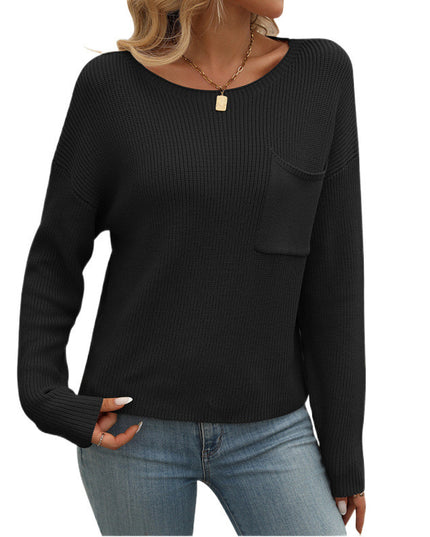 Women's Round Neck Pocket Decorative Top Long Sleeve Sweater