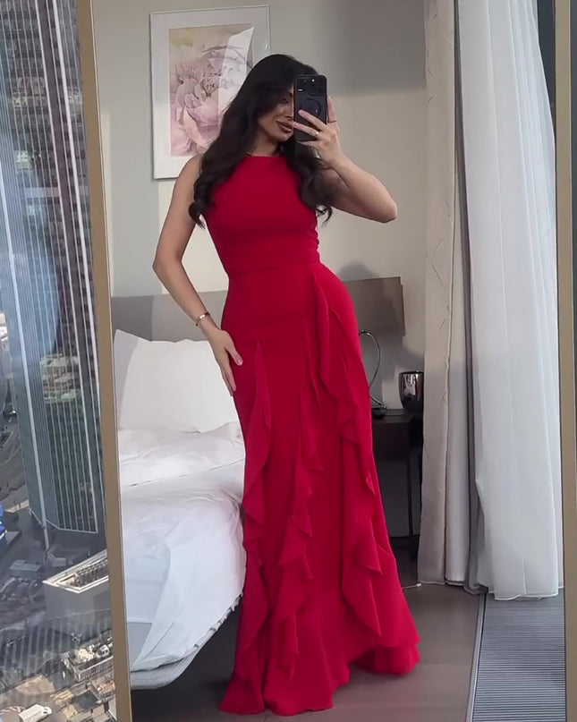 Red Ruffled Sleeveless Maxi Dress