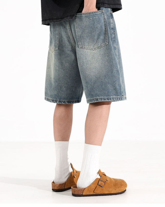All-match Loose Straight Sports Shorts Washed Overalls Denim Shorts