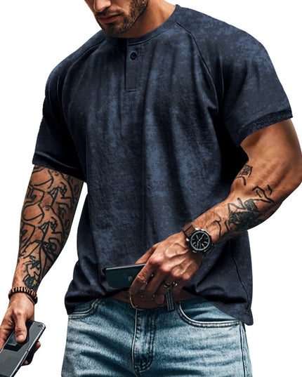 Retro Distressed Henry Collar Short Sleeve Men's T-shirt Heavy Slim Fit Raglan American Style Men's Short Sleeve