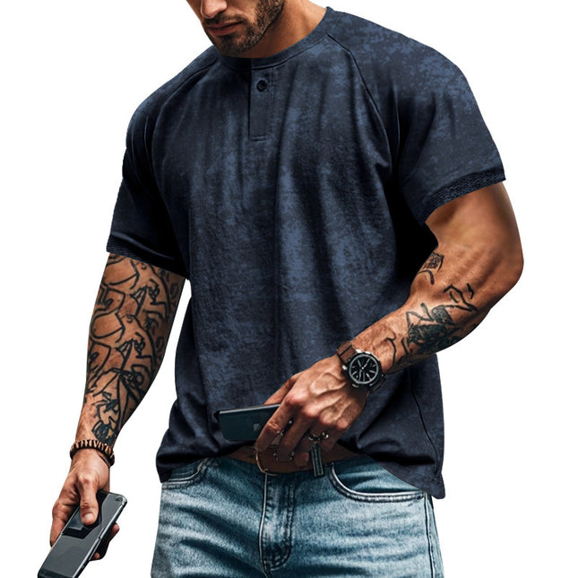 Retro Distressed Henry Collar Short Sleeve Men's T-shirt Heavy Slim Fit Raglan American Style Men's Short Sleeve