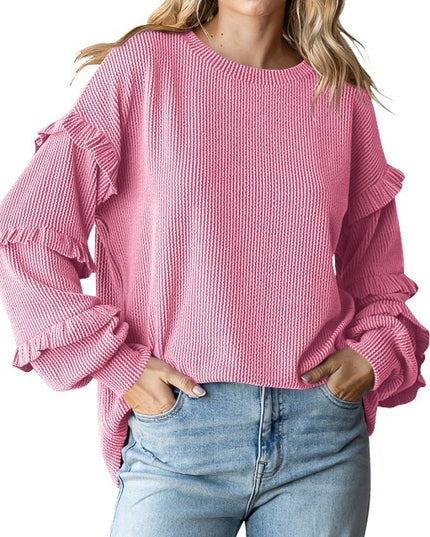 Women's Lantern Sleeve Round Neck Lace Sleeve Top