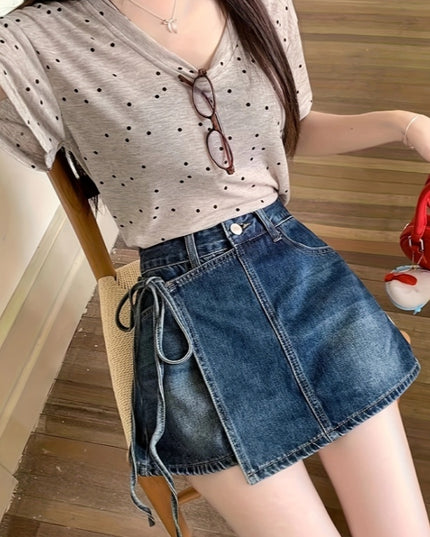 Fake Two-piece Denim Shorts Skirt For Women High Waist Irregular Design Strappy Skirt Pants