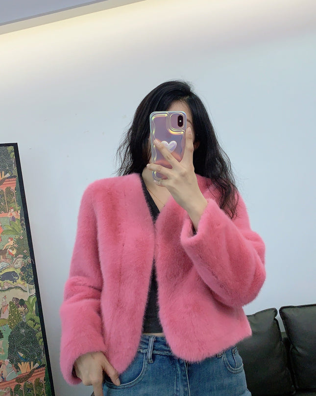 Women's Short Solid Color Eco-friendly Fur Jacket