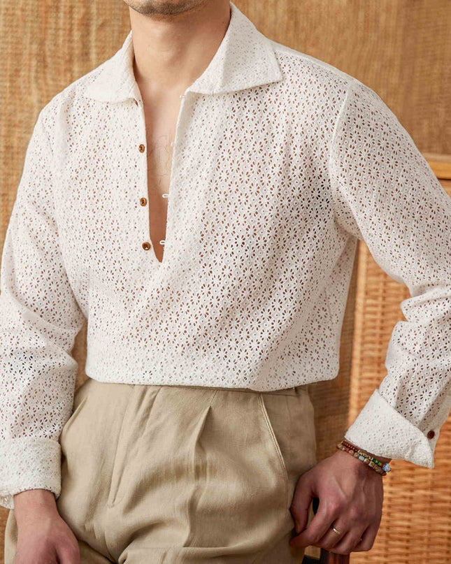 Open Collar Hollow Breathable Casual Long-sleeved Shirt