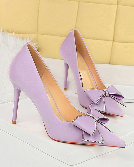 Rhinestone Bow Stiletto Heel Pumps Pointed High Heels