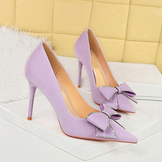 Rhinestone Bow Stiletto Heel Pumps Pointed High Heels