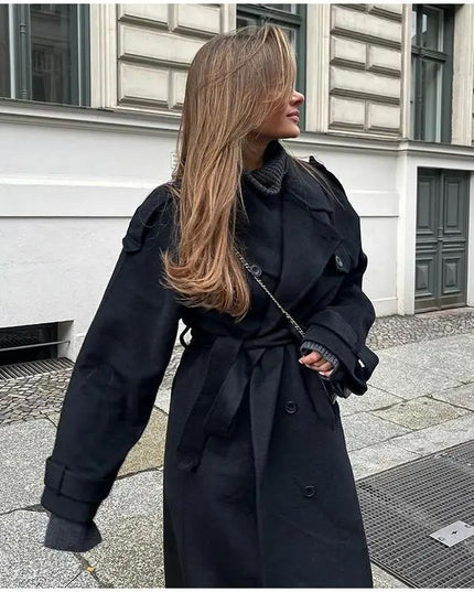 Women's Fashion With Belt Wool Large Coat