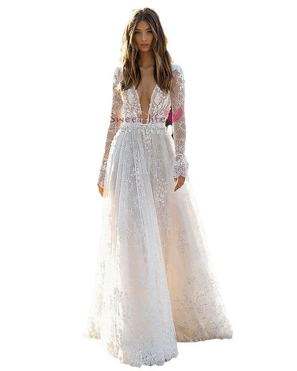 Women's Wedding Dress Lace Long Sleeve Dinner Party Gown