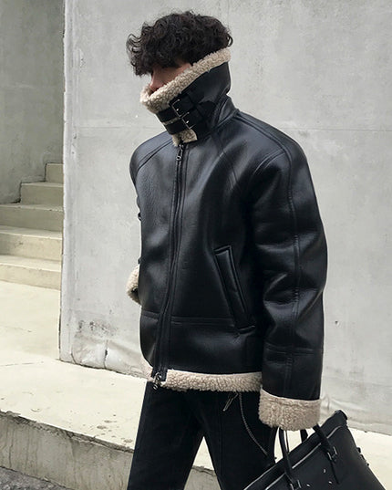Men's Fleece Padded Collar Lambskin Leather Jacket