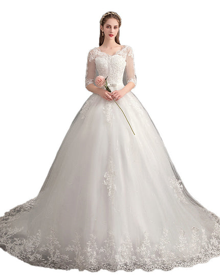 Wedding Dress Trailing Deep V Neck Lace High Waist Wedding Dress Long Sleeves