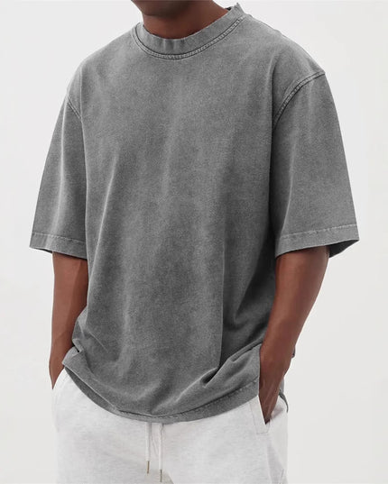 Men's Washed Fried Color Distressed Solid Color Pullover Short T-shirt