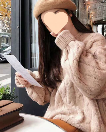 Autumn And Winter Female Students Fleece-lined Thickened Cable-knit Sweater