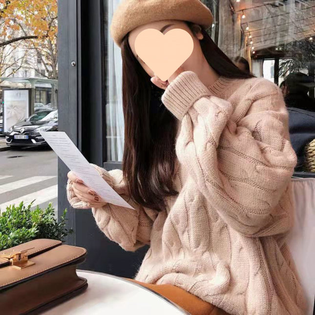 Autumn And Winter Female Students Fleece-lined Thickened Cable-knit Sweater