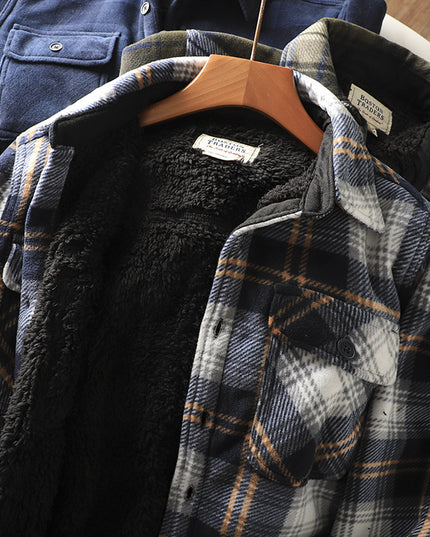 Fleece Lined Padded Warm Keeping Loose Lamb Wool Plaid Shirt