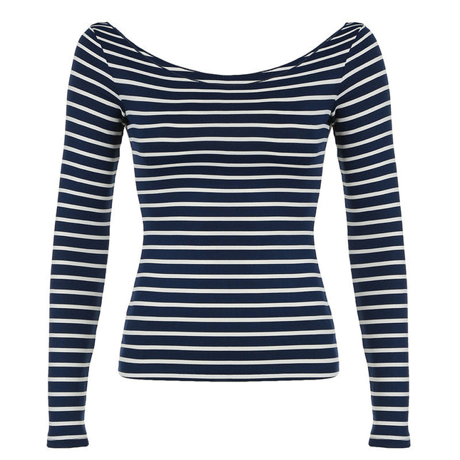 Oblique Shoulder Stripes Lightweight Slim-fit Long Sleeve Casual Top