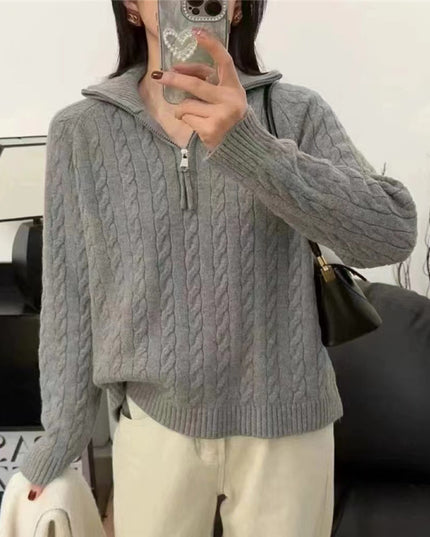 Thick Loose Outer Wear Half Turtleneck Lapel Cable-knit Sweater