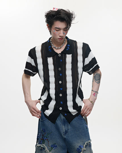 Men's Patchwork Striped Niche Retro Knitted Short Sleeved Shirt