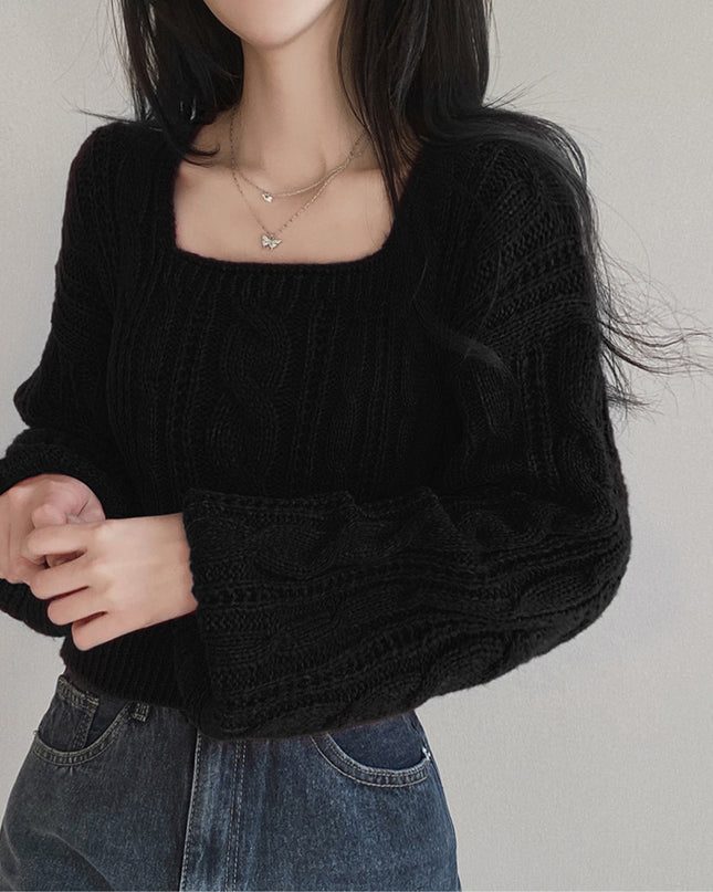 Cable-knit Sweater Lantern Sleeve Solid Color Square Collar Pullover Sweater