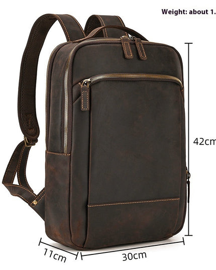 Double Zipper Main Bag Genuine Leather Large Capacity Crazy Horse Leather Outdoor Travel Leisure Backpack