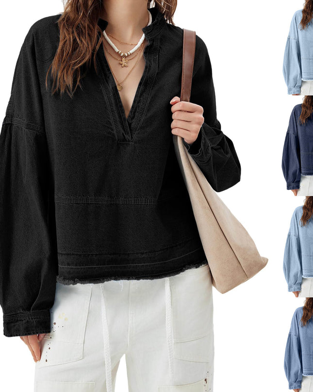 New V-neck Long Sleeve Loose Stitching Denim Long Sleeve Loose All-matching Top