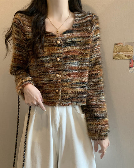 Soft Korean Style Square Collar Fur Design Striped Long Sleeve Sweater