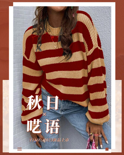 Autumn And Winter New Contrast Color Loose Shoulder Striped Pullover Sweater