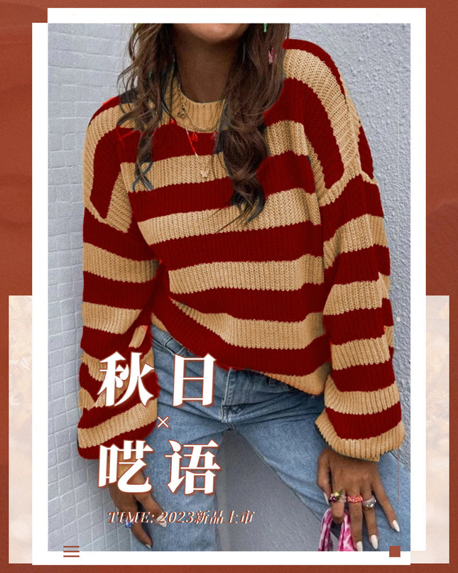 Autumn And Winter New Contrast Color Loose Shoulder Striped Pullover Sweater