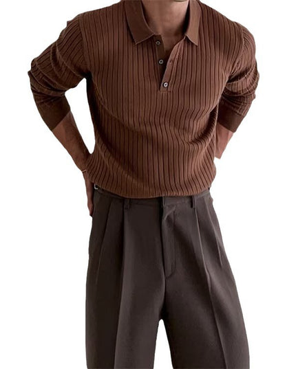 Lapel Button Long Sleeve Polo Shirt Slim Fashion Solid Striped Knitted Bottoming Shirt Top Men's Clothing