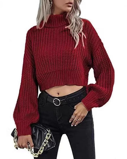 Turtleneck Midriff-baring Knitted Sweater Short
