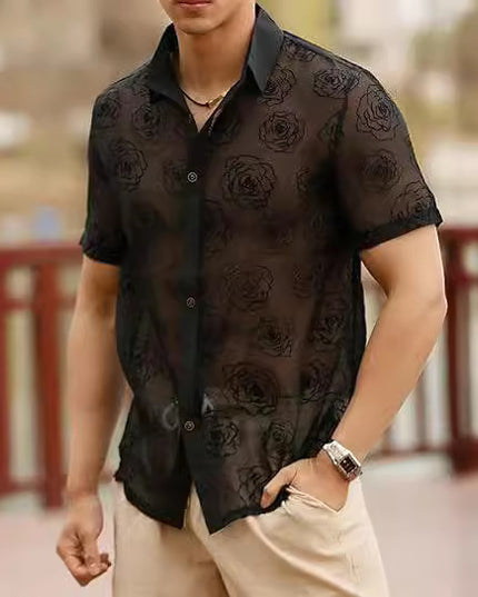 Men's Rose Flower Mesh See-through Button Short Sleeve