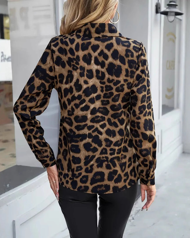 Leopard Print Collar Buckle Women's Casual Long-sleeved Shirt