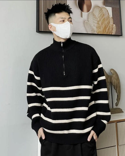 High-grade Horizontal Striped Simple Stand-up Collar Sweater