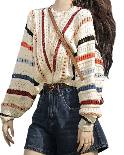 Retro Chic Rainbow Striped Hollow Sweater Round Neck Sweater