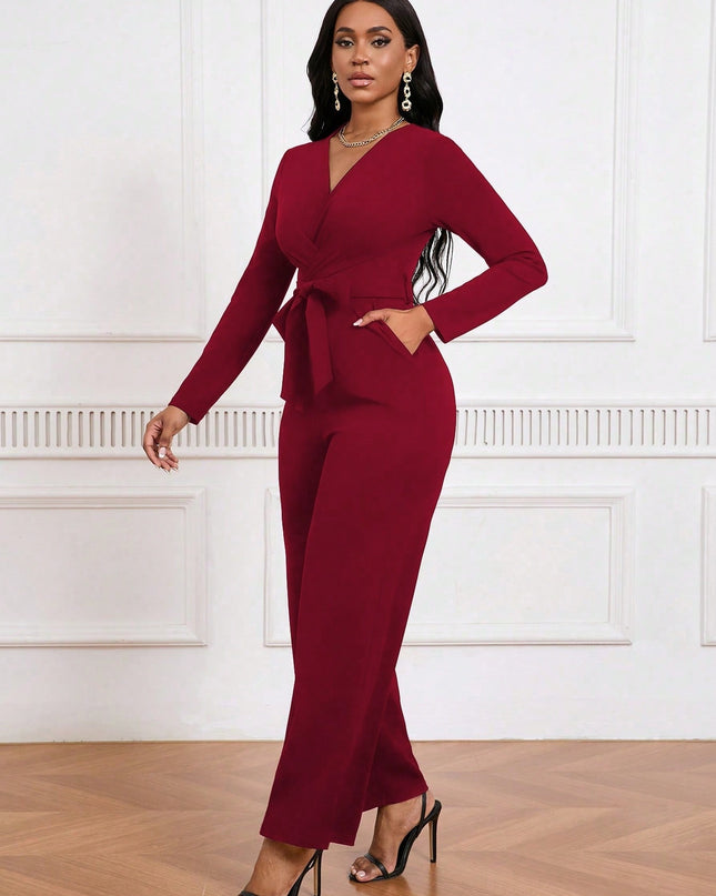 Simple And Stylish, Elegant Commuting Jumpsuit, Long Sleeve Straight Jumpsuit, V-neck, Cross Pleated, Tie-up Casual Jumpsuit, For Everyday Wear.
