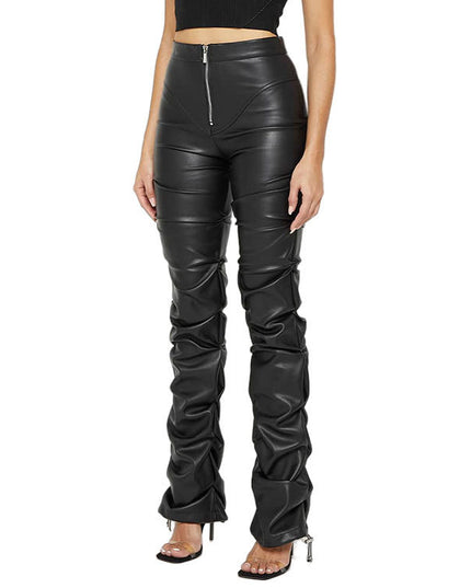 European And American Fashion Tight PU Leather Trousers Personalized Shrinkage Bootcut Trousers Women