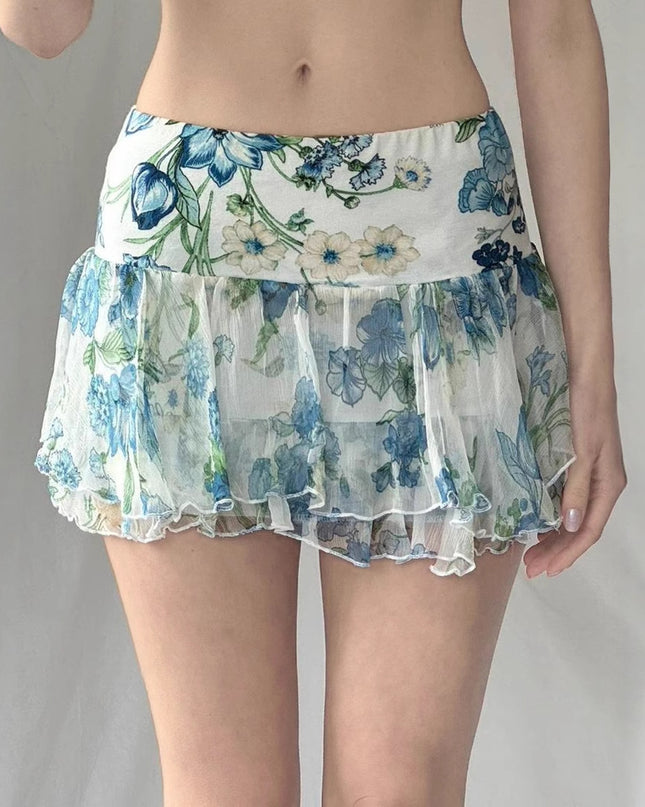 American Street Style Mesh Floral Print Irregular Skirt
