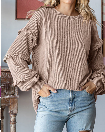Women's Lantern Sleeve Round Neck Lace Sleeve Top